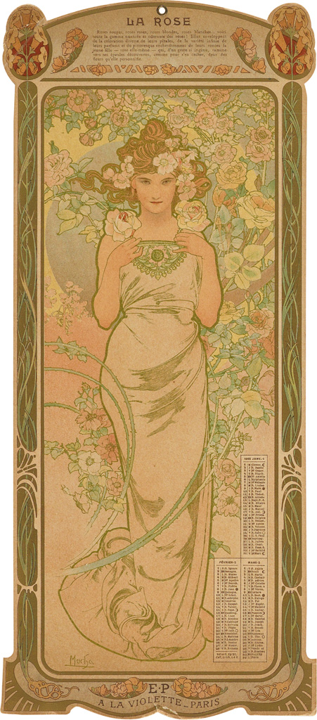 ALPHONSE MUCHA (1860-1939). [LES FLEURS] / E • P A LA VIOLETTE. Four panel calendar. 1902. Each 14x6 inches, 36x16 cm.